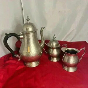 Hammered Coffeepot,  creamer, lidded sugar bowl